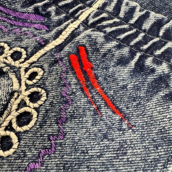 Vintage Embroidered Acid Denim Bomber Jacket Snap Front Large - Picture 6 of 8